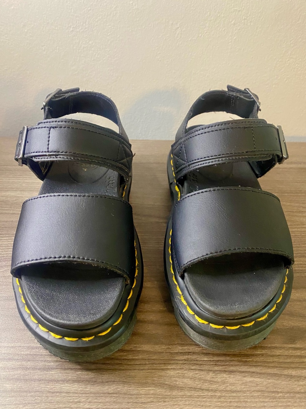 Dr. Martens Voss Black Leather Platform Sandals with Yellow Stitching